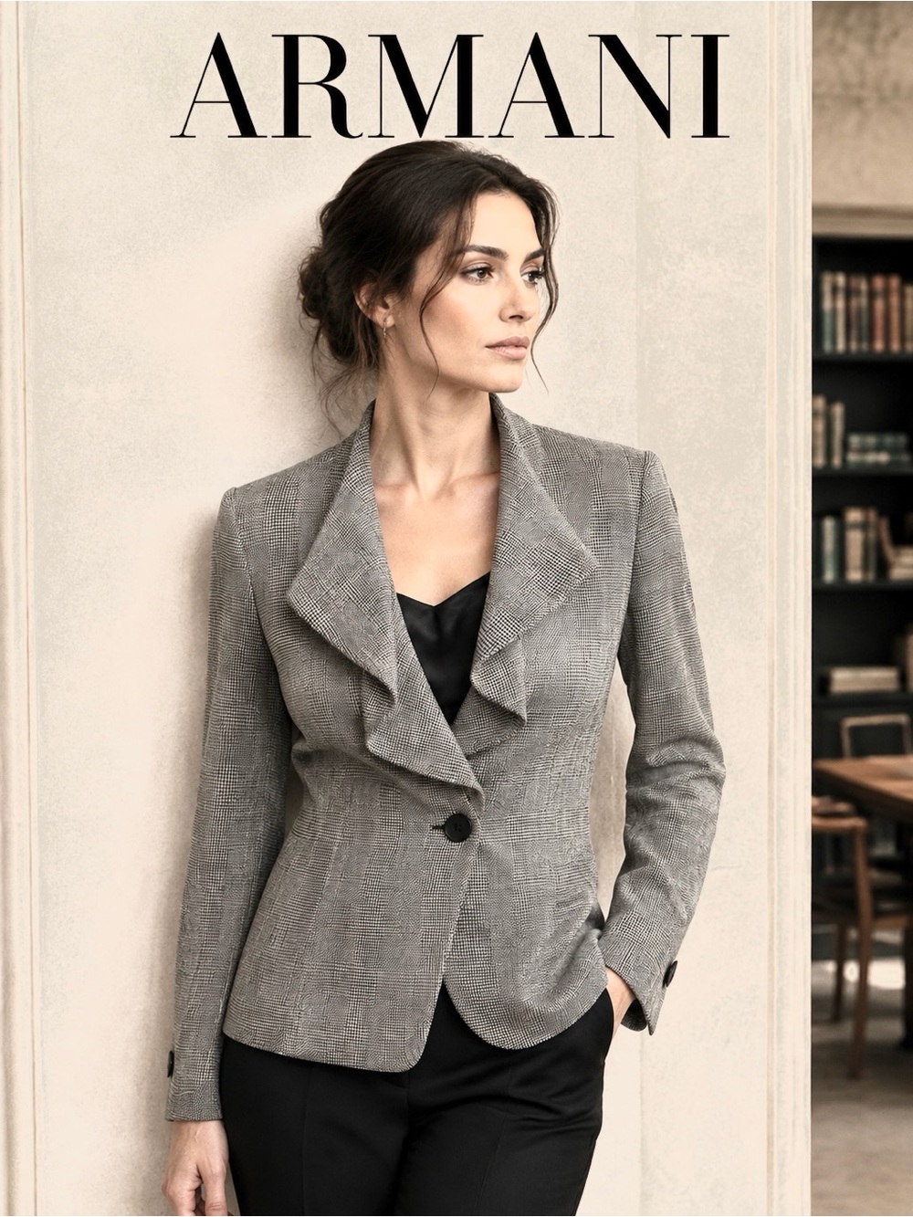 EUC PRISTINE VINT Armani Collezioni Italy Gray Glen Plaid Ruffle Collar Blazer 6
